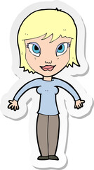 sticker of a cartoon woman shrugging shoulders