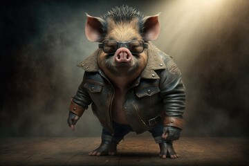 A pig wearing a leather jacket. Generative AI