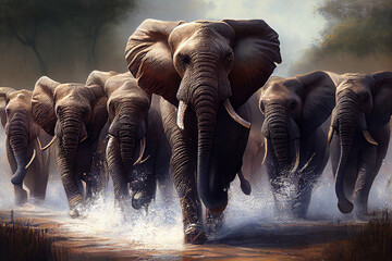 A group of elephants trumpeting and charging forward to protect one of their own from danger, generative ai illustration