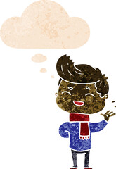 cartoon man laughing and thought bubble in retro textured style
