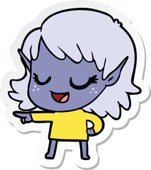 sticker of a happy cartoon elf girl pointing