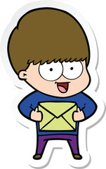 sticker of a happy cartoon boy with present