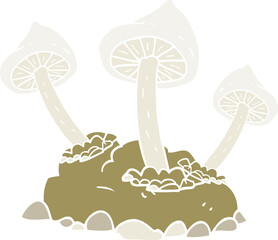 flat color illustration of a cartoon mushrooms growing