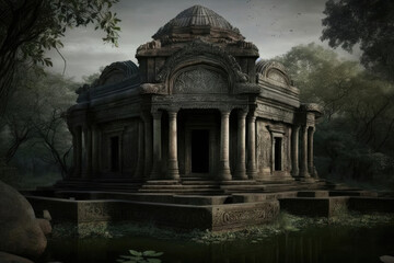 large crypt with dome over the entrance, roof supported on stone columns, ornate decorations, deciduous trees in the background created with Generative AI technology