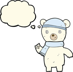 cartoon waving polar bear with thought bubble