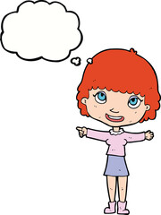 cartoon happy woman pointing with thought bubble