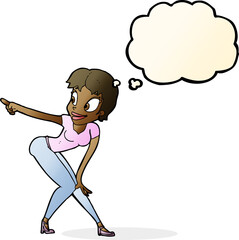 cartoon pretty woman pointing with thought bubble