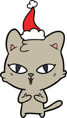 line drawing of a cat wearing santa hat