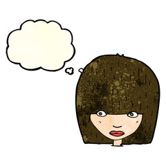 cartoon staring woman with thought bubble