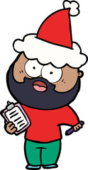 line drawing of a bearded man with clipboard and pen wearing santa hat