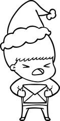 line drawing of a stressed man wearing santa hat