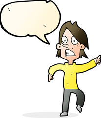 cartoon worried man pointing with speech bubble