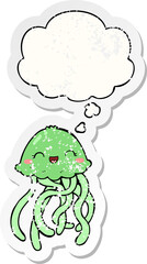 cute cartoon jellyfish and thought bubble as a distressed worn sticker