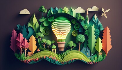Green Energy and Eco-City Concept: Creative Idea with Paper Cut Light Bulb. Generative AI
