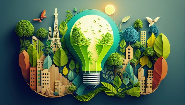 Green Energy and Eco-City Concept: Creative Idea with Paper Cut Light Bulb. Generative AI