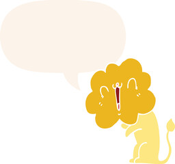 cute cartoon lion and speech bubble in retro style