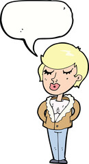 cartoon cool relaxed woman with speech bubble