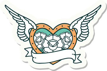 tattoo style sticker of a flying heart with flowers and banner