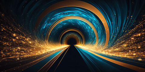 Speed of light, warp speed tunnel, gold and cyanoblue color with particles, background, Generative AI