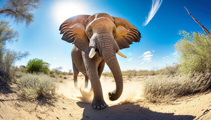 Up close with the African elephant: a dangerous encounter in the savannah. Generative AI. - obrazy, fototapety, plakaty