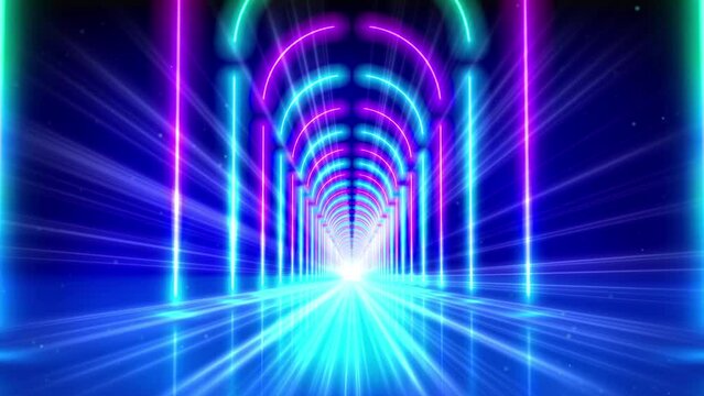 Glowing neon lines, led arcade, stage, tunnel, abstract animated technology background, virtual reality. Pink blue purple corridor neon arch, perspective. Design element, vj loop, seamless