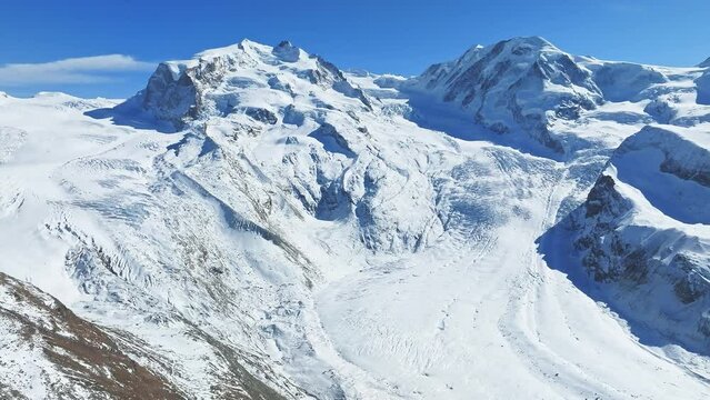 The Gorner Glacier Gornergletscher in Switzerland, second largest glacier in the Alps. Beautiful aerial panoramic view of the glacier. Eco global warming.