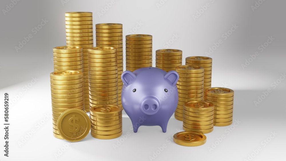 Poster it is a 3d image of several coins. with a piggy bank that indicates saving money