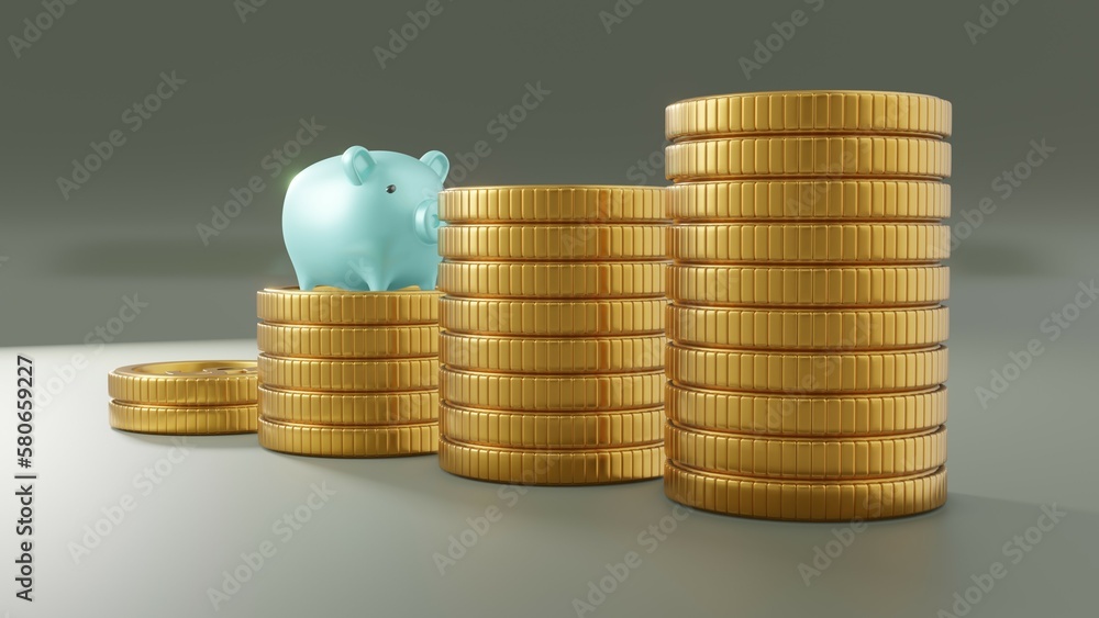 Poster it is a 3d image of several coins. with a piggy bank that indicates saving money