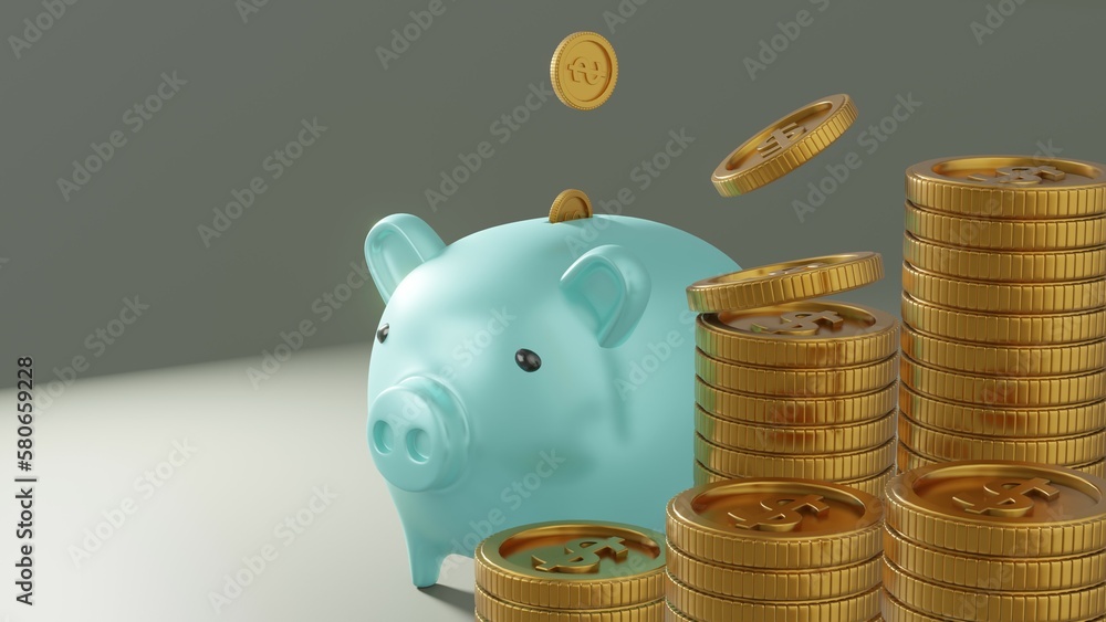 Poster it is a 3d image of several coins. with a piggy bank that indicates saving money