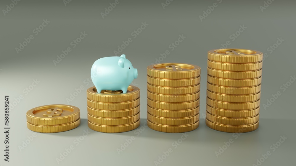 Aufkleber it is a 3d image of several coins. with a piggy bank that indicates saving money