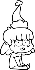 line drawing of a tired woman wearing santa hat