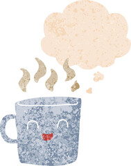 cute coffee cup cartoon and thought bubble in retro textured style