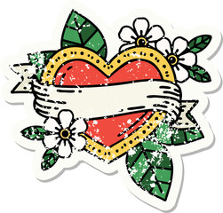 traditional distressed sticker tattoo of a heart and banner