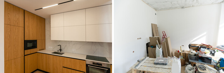 Room with unfinished walls and a room after repair. Before and after renovation in new housing.