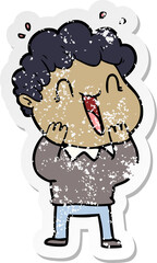 distressed sticker of a cartoon happy man