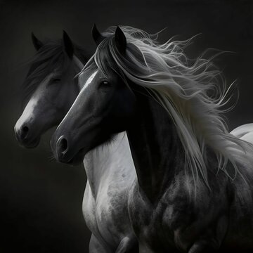 Black and White Horses Running in Water, AI Generated