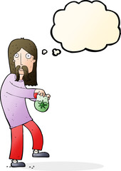 cartoon hippie man with bag of weed with thought bubble