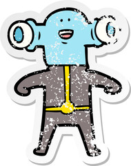 distressed sticker of a friendly cartoon alien