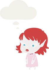 cartoon elf girl with pointy ears and thought bubble in retro style