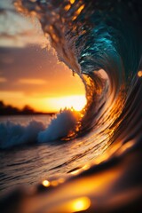 Beautiful wave chrashing in the sunset, made with generated ai