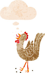 cartoon crowing cockerel and thought bubble in retro textured style