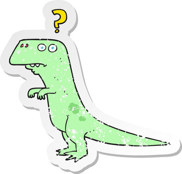 retro distressed sticker of a cartoon confused dinosaur