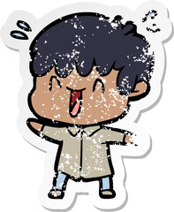 distressed sticker of a cartoon laughing boy