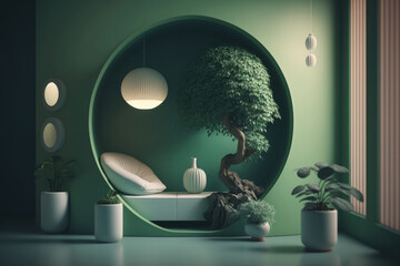Meditation space: Green interior with bonsai and other meditation equipment in the spring | Generative AI Production