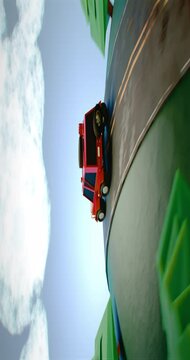 Vertical video, seamless loop - low poly cartoon red SUV camper driving through a forest road. Travel concept