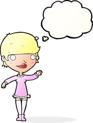 cartoon waving woman with thought bubble