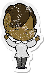 distressed sticker of a cartoon squinting girl