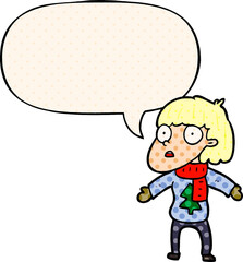 cartoon surprised christmas person and speech bubble in comic book style