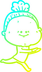 cold gradient line drawing cartoon happy old woman