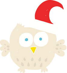 flat color illustration of a cartoon little owl wearing christmas hat